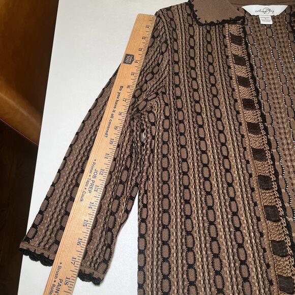 Ming Wang Sweater Cardigan Brown Black Open Front Metallic Thread Sz S Career - Picture 8 of 12